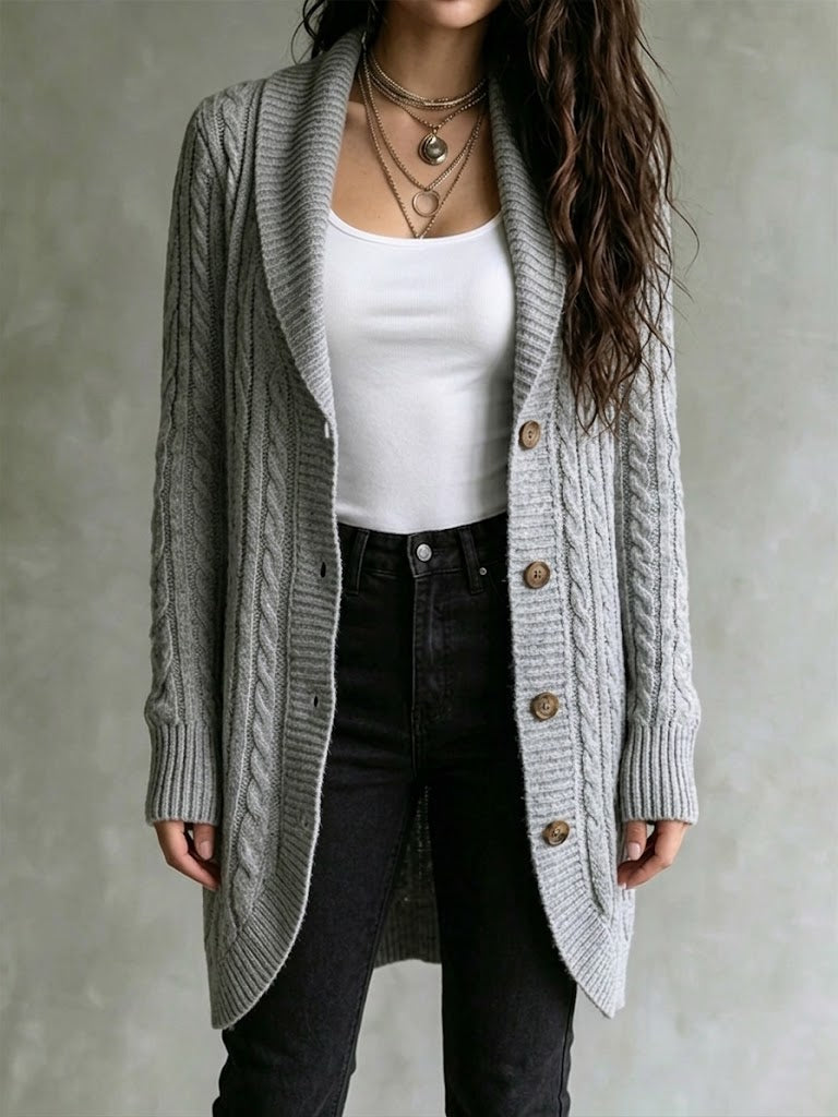 Cozy And Refined Cable-knit Mid-length Cardigan With A Shawl Collar.