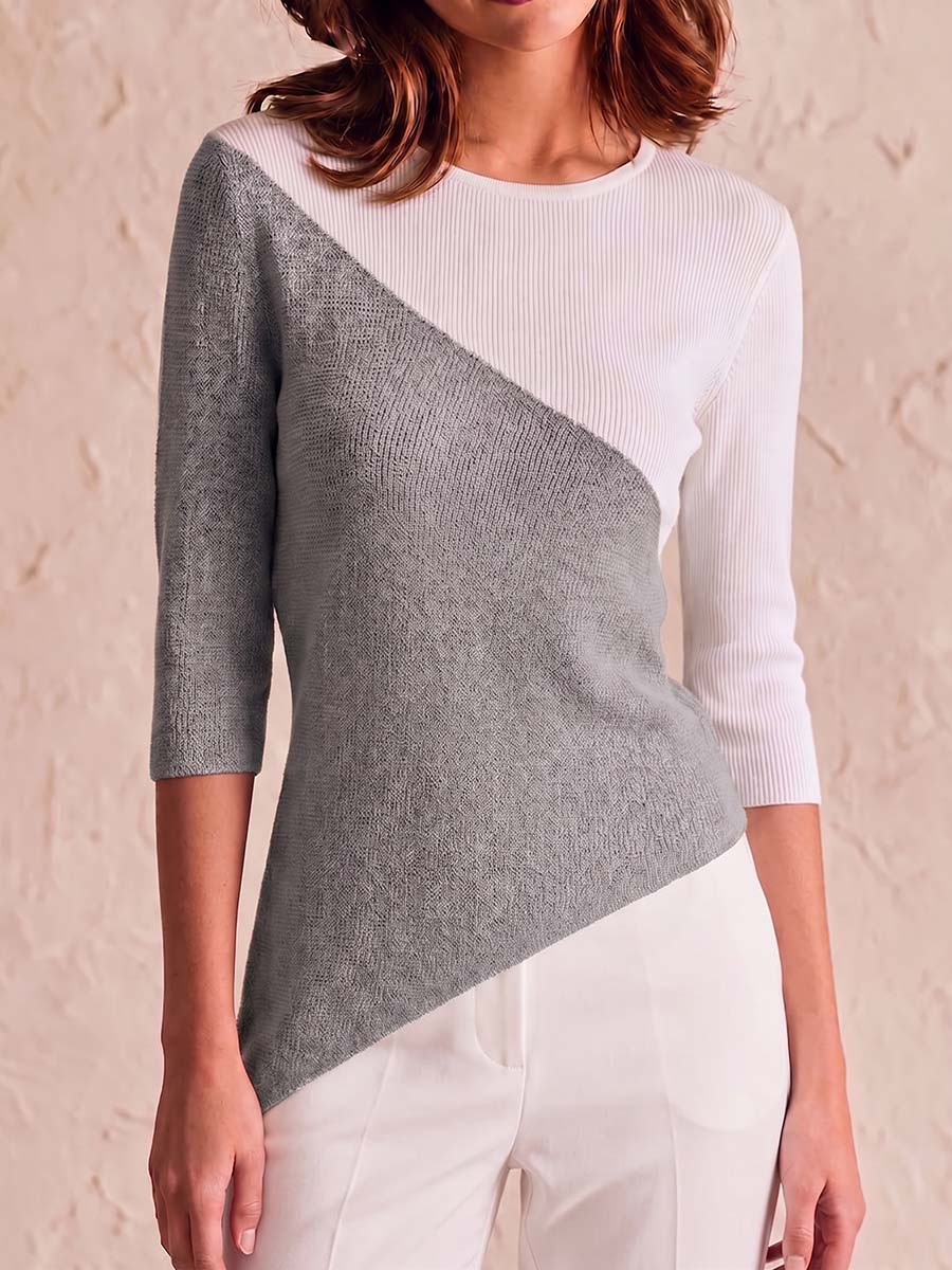 Women's Round Neck 3/4 Sleeve Casual Loose Color-blocked Pullover Knit Sweater