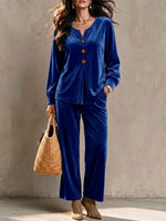 Women's Solid Color V-neck Long-sleeved Casual Loose Velvet Top And High-waisted Wide-leg Pants Set