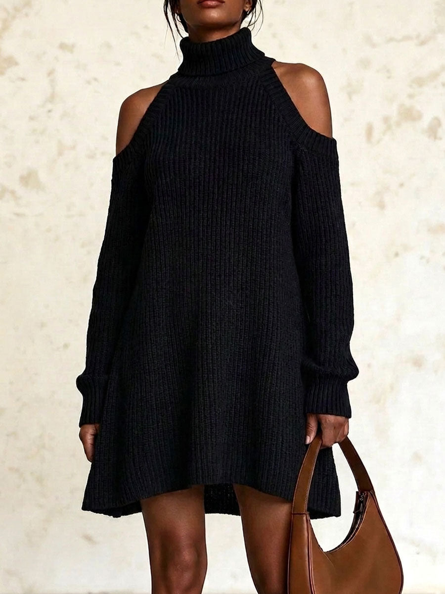 Women's Solid Color Stand Collar Long Sleeve Casual Loose Knit Dress