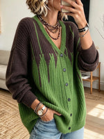 Chic Ribbed Knit Cardigan With Gradient Brushstroke Texture