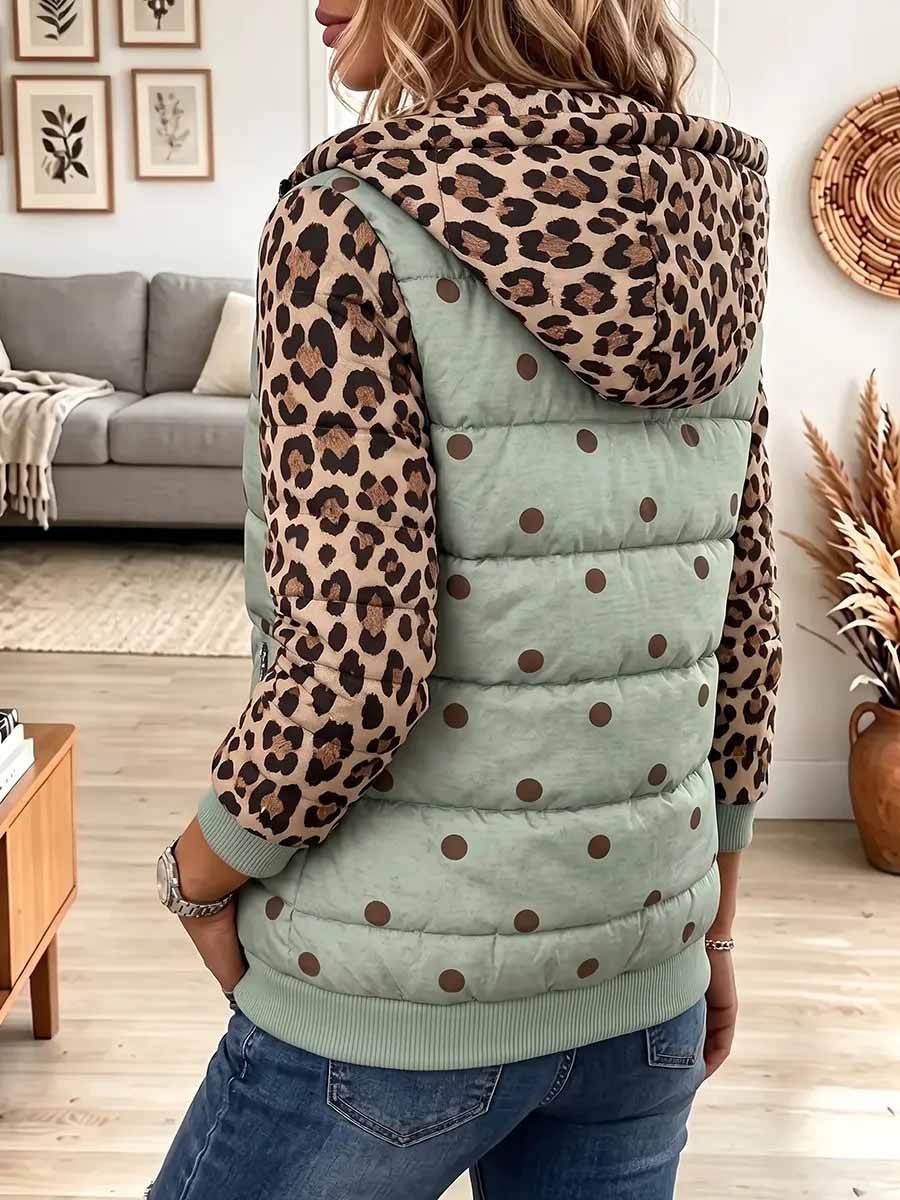 Women's Leopard Print Sleeve Quilted Jacket With Polka Dot Body