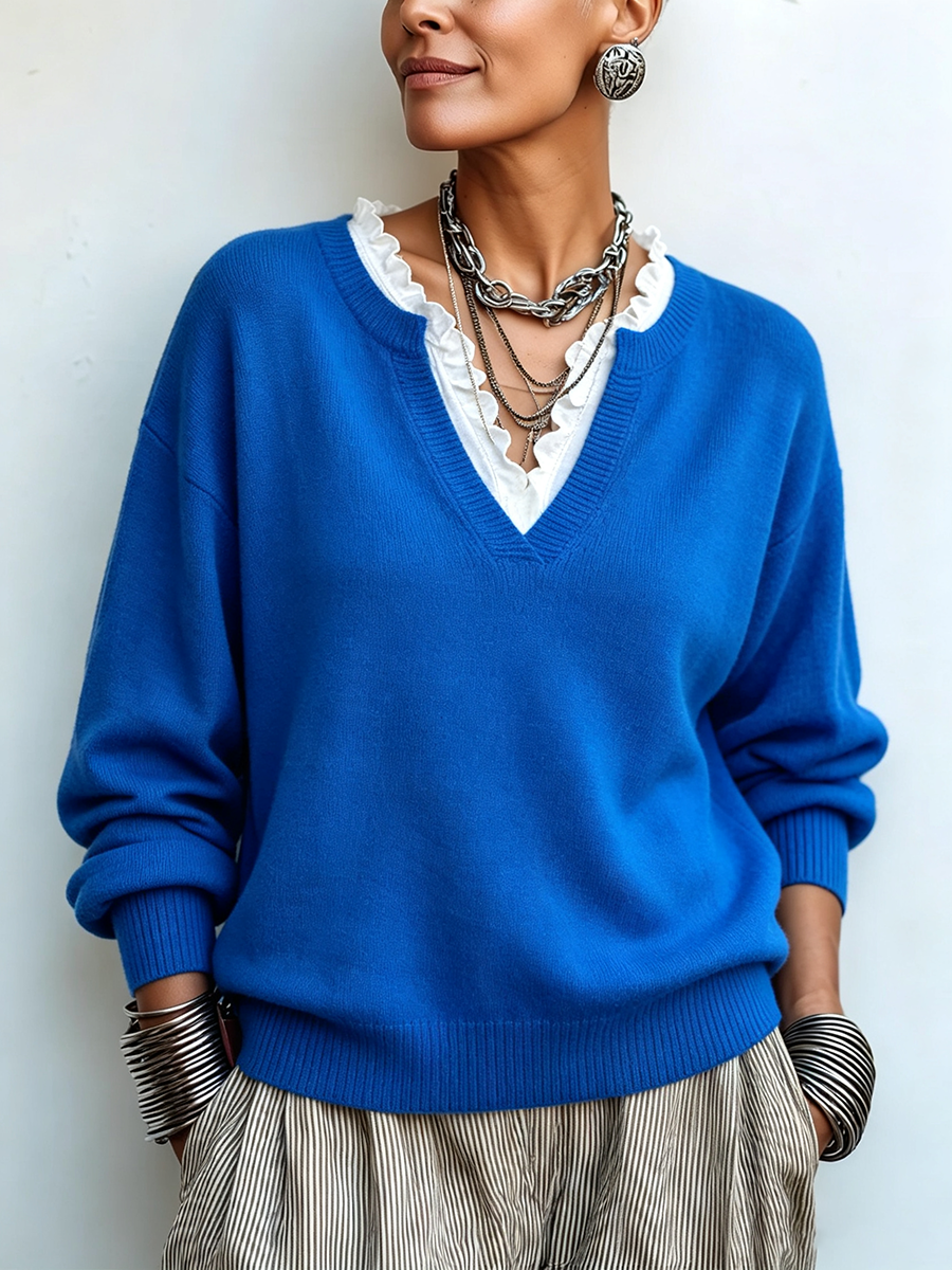 Chic Elegant False Two-piece Lace-trim Sweater F