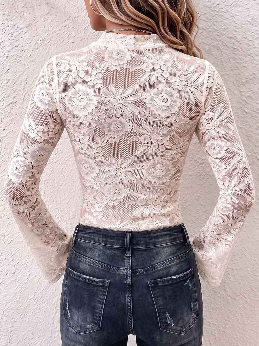 Women's Solid-color Slim-fit Casual Lace-panel Top With Cut-out Detail, Stand Collar, And Long Sleeves