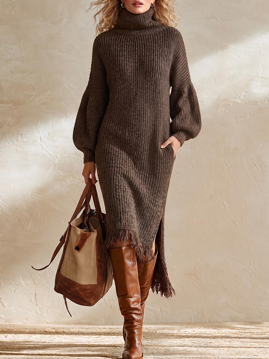 Women's Solid Color Turtleneck Long-sleeve Loose-fit Knit Dress With Tassels