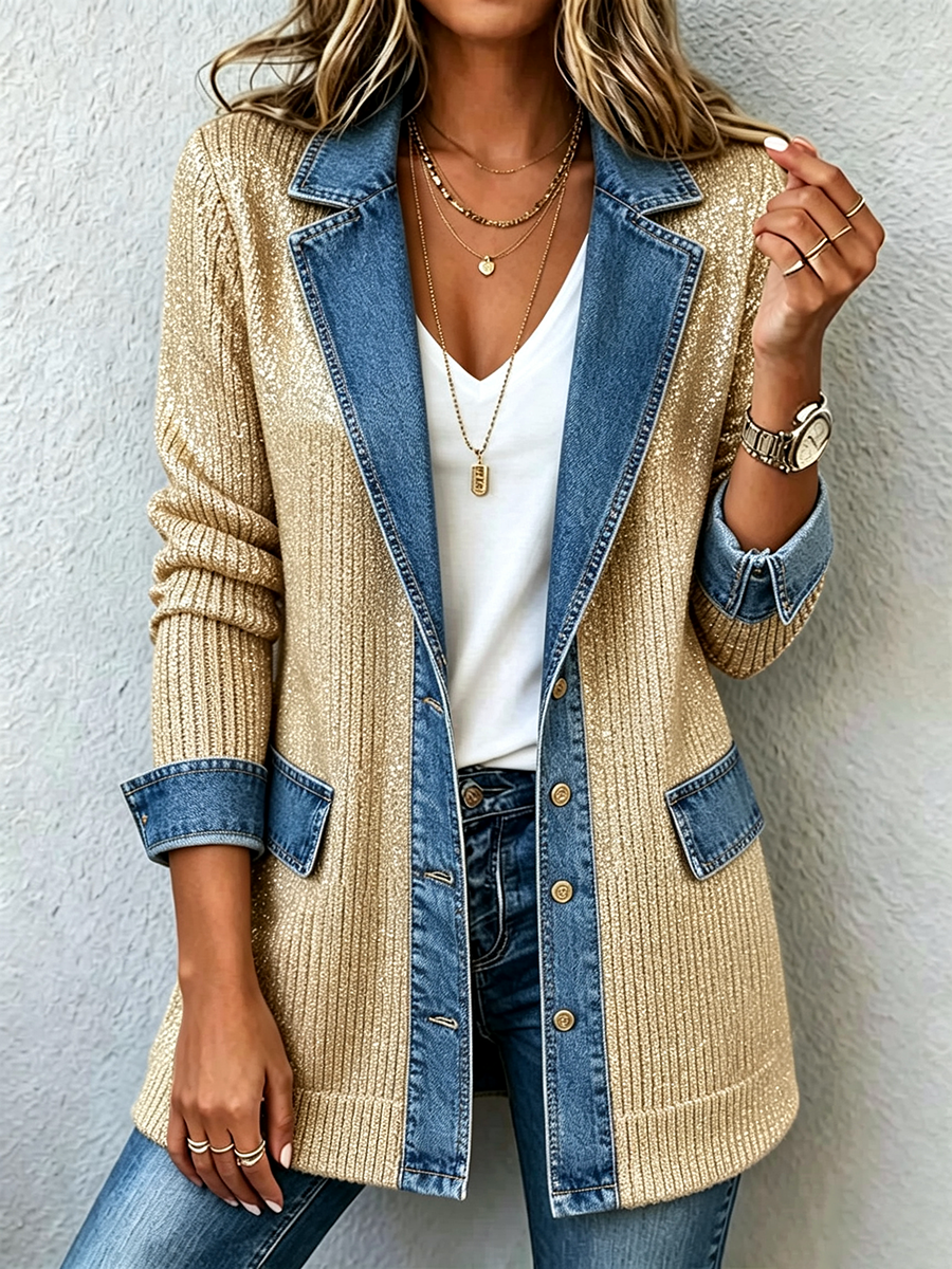 Chic Denim Contrast Sparkling Gold Knit Blazer Jacket