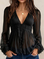 Deep V Ruffled Waist Chiffon Long Sleeve Blouse