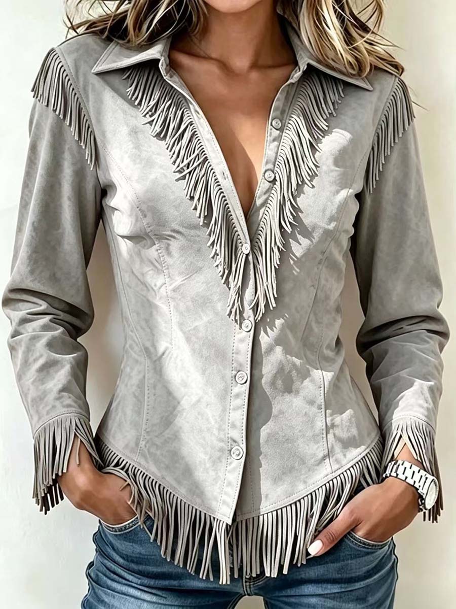 Women's Solid Color Collared Long-sleeved Casual Loose Faux Suede Tassel Shirt