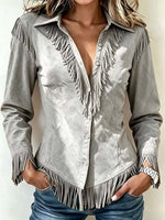 Women's Solid Color Collared Long-sleeved Casual Loose Faux Suede Tassel Shirt