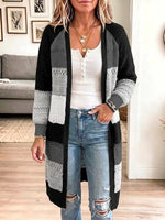 Women's Striped Color-blocked V-neck Long-sleeved Casual Loose Knitted Long Coat