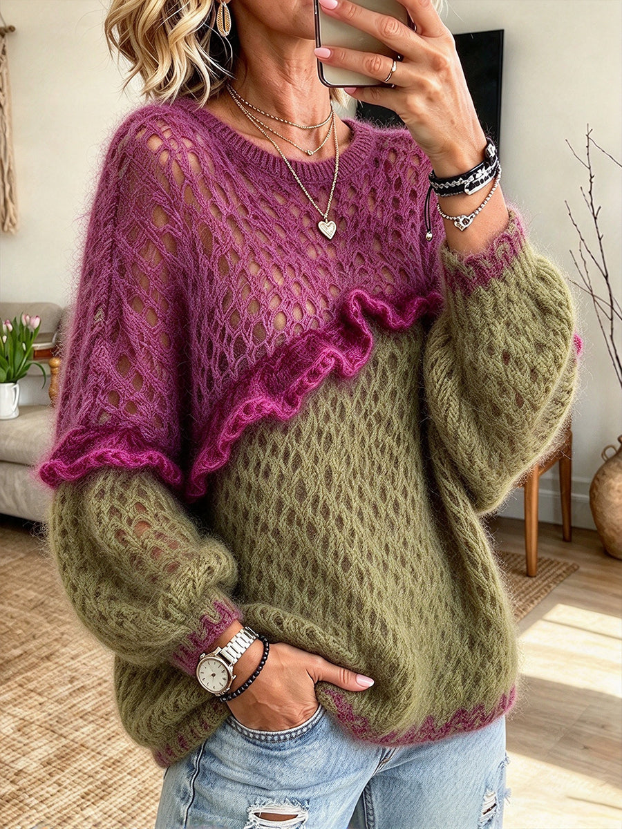 Chic Color-block Ruffled Mohair-blend Open-knit Sweater