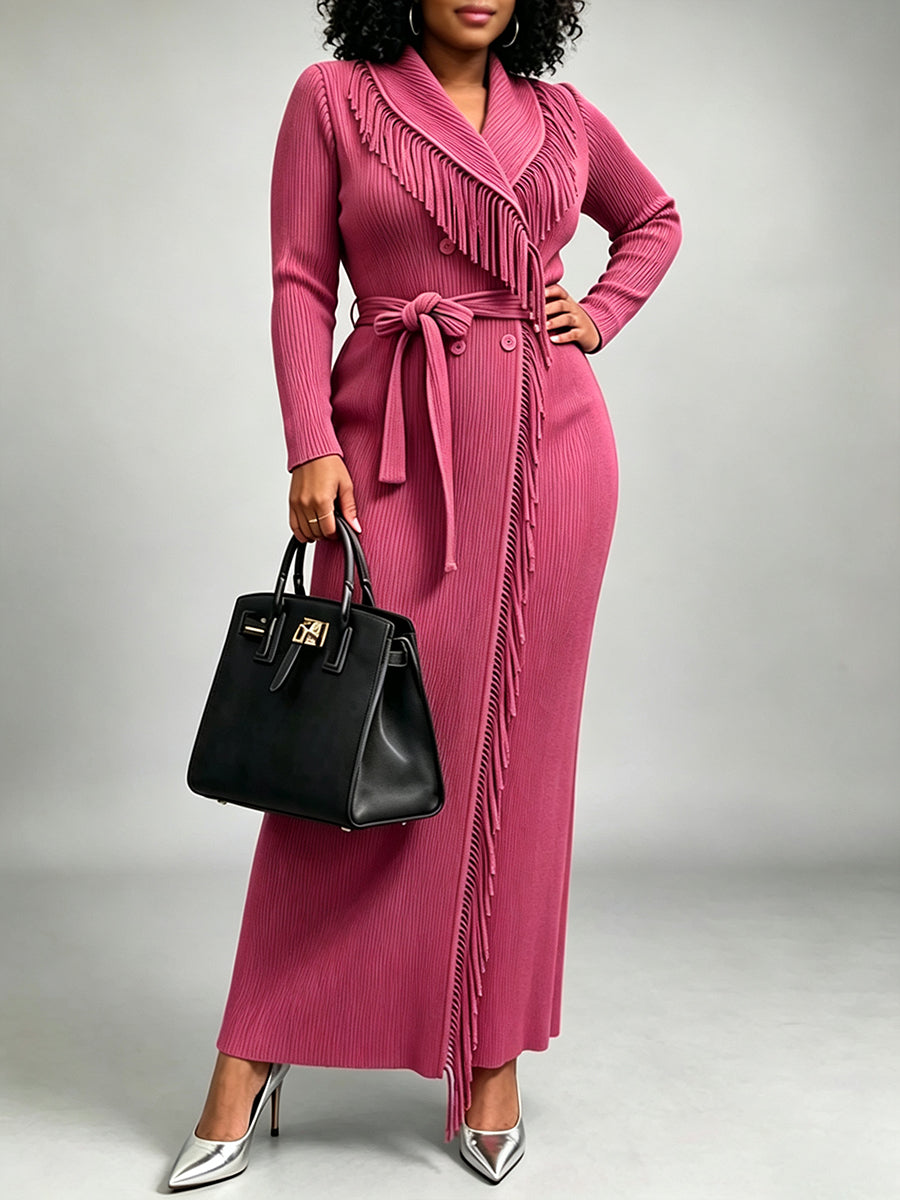 Long Robe In Highly Stretchable, Pleated-texture Fabric Featuring Stylish Tassels And A Lace-up Design.