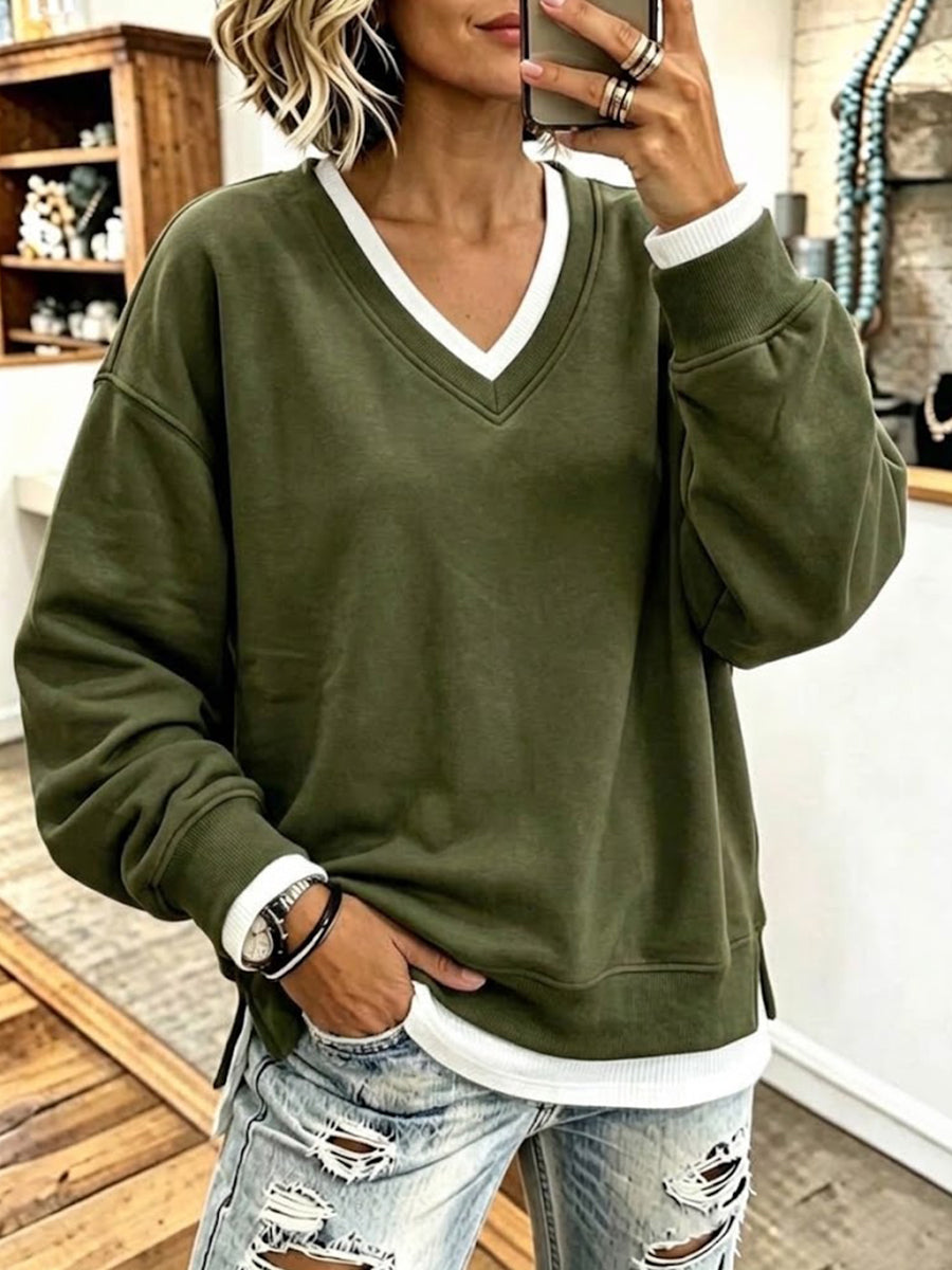 Oversized V-neck Sweatshirt With Dropped Shoulders And Contrasting White Trim
