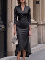 Women's Solid Color V-neck 3/4 Sleeve Elegant Slim Fit Irregular Tulip Hem Dress