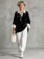 Chic Contrast Collar And Cuffs Velvet Blouse