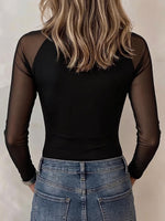 Women's Solid Color V-neck Long-sleeve Slim-fit Mesh-panel Casual Top