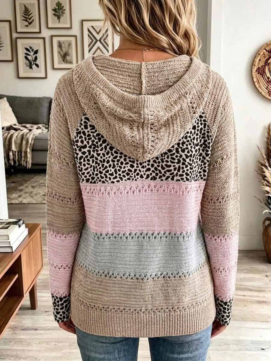 Women's Color-blocked Leopard Print V-neck Long-sleeved Casual Loose Hooded Knit Pullover