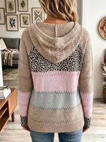 Women's Color-blocked Leopard Print V-neck Long-sleeved Casual Loose Hooded Knit Pullover