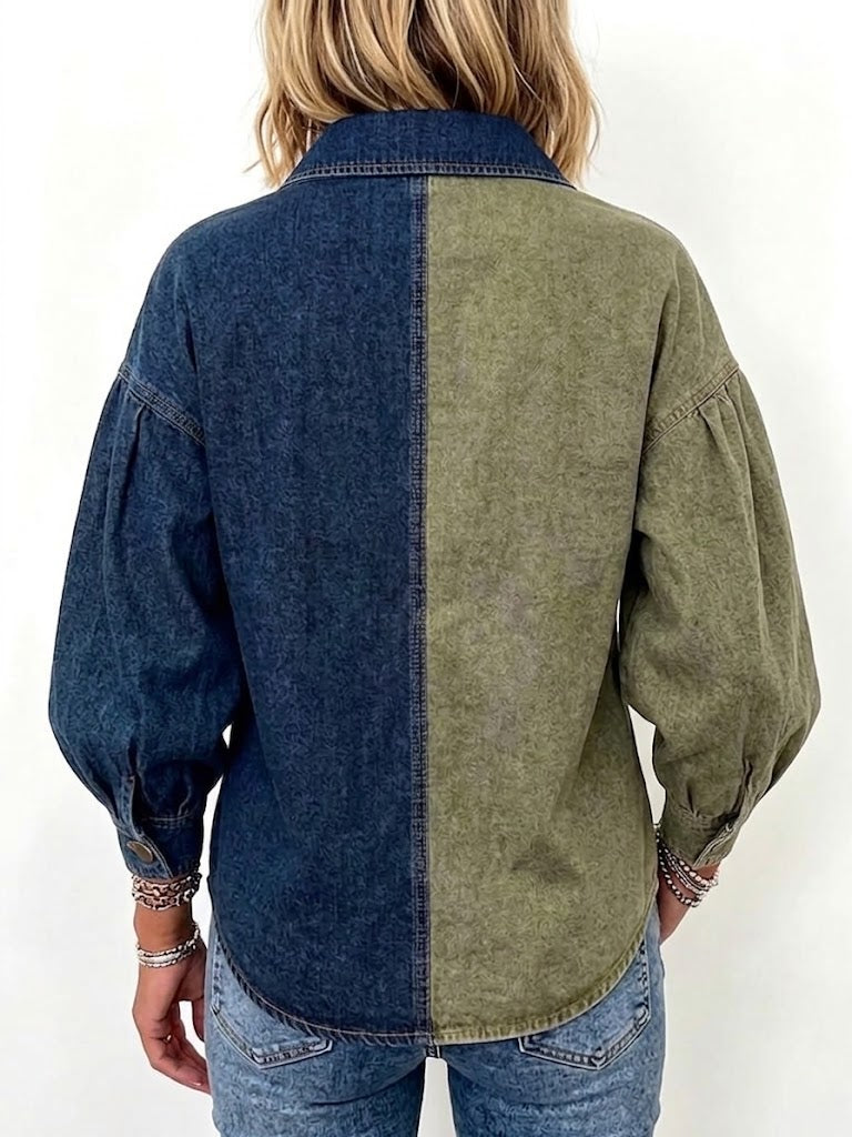 Color-block Denim Jacket With Wavy Placket, Lapel Collar, And Oversized Metal Buttons