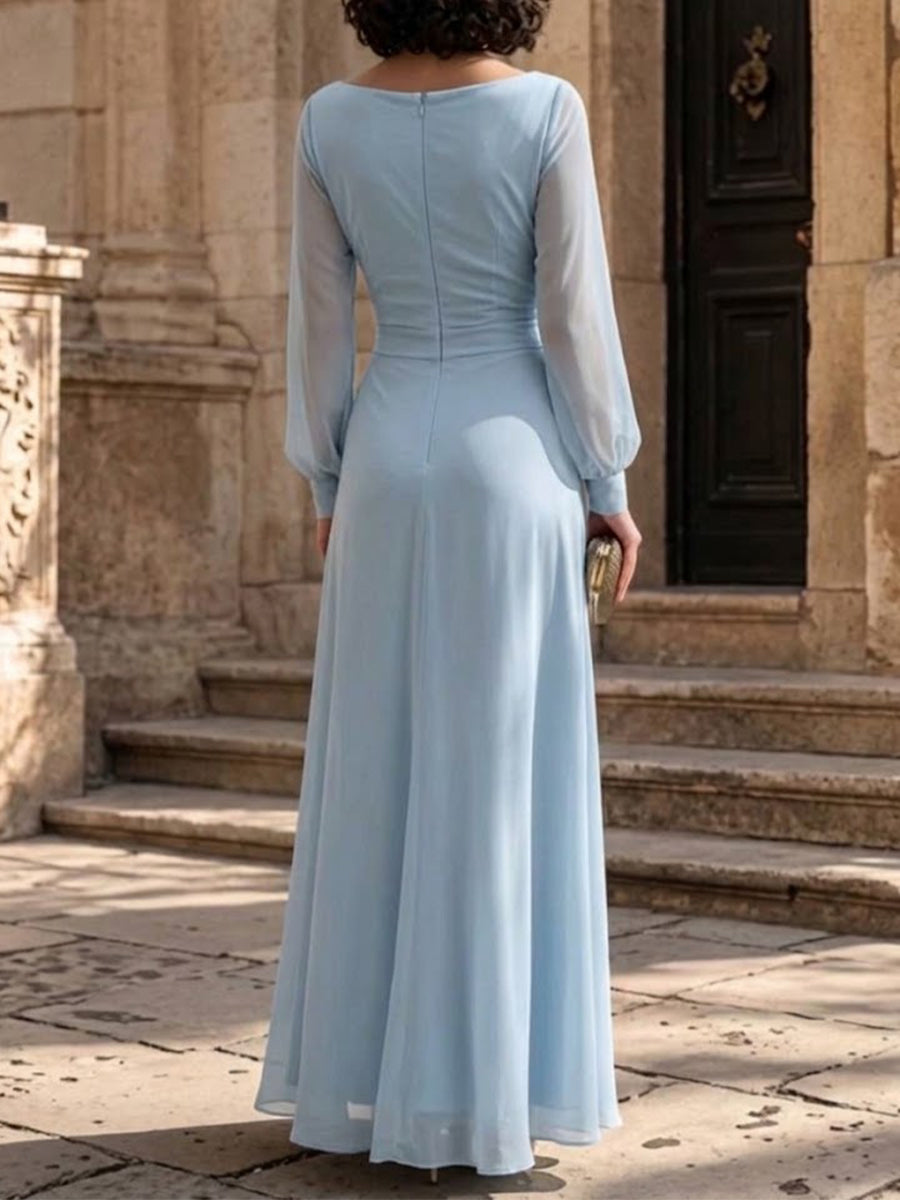 Draped-neck Chiffon Long-sleeved Evening Gown With Pleats