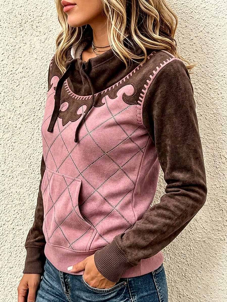 Women's Loose-fit Plaid-print Panel Pullover Sweatshirt With Stand Collar, Tie Detail, And Long Sleeves