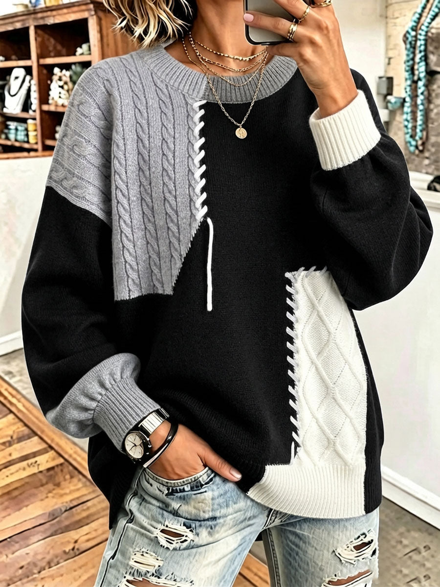 Cozy Trendy Colorblock Patchwork Knit Sweater