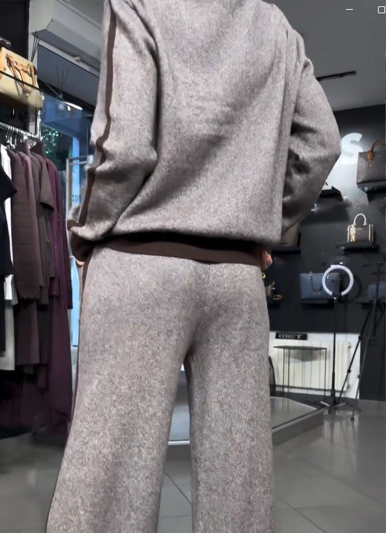 Cozy Color-block Zip-up Knit Cardigan And Trousers Two-piece Set
