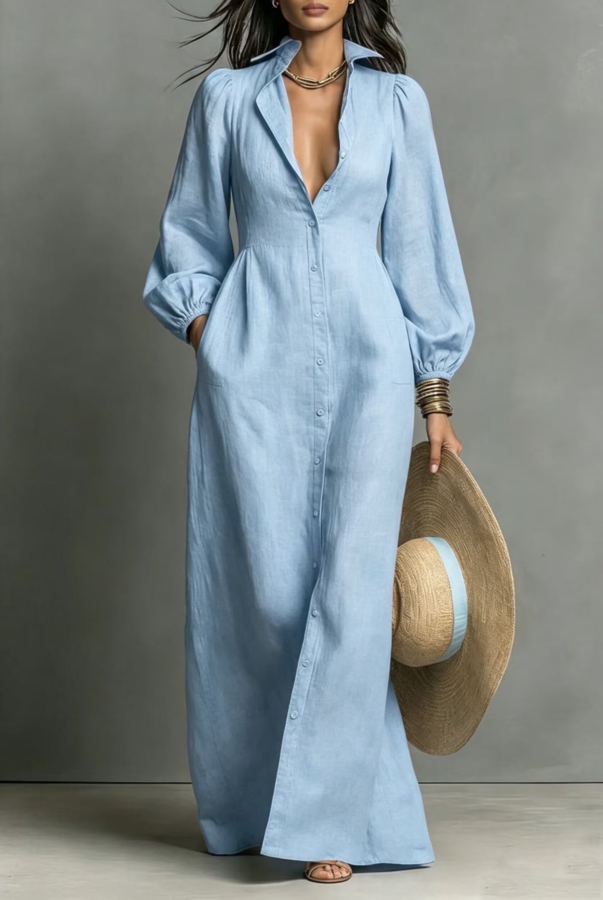 Casual Linen-cotton Blend Collared Maxi Dress