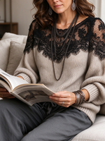Elegant Black Floral Lace Splice Lantern Sleeve Knitted Pullover