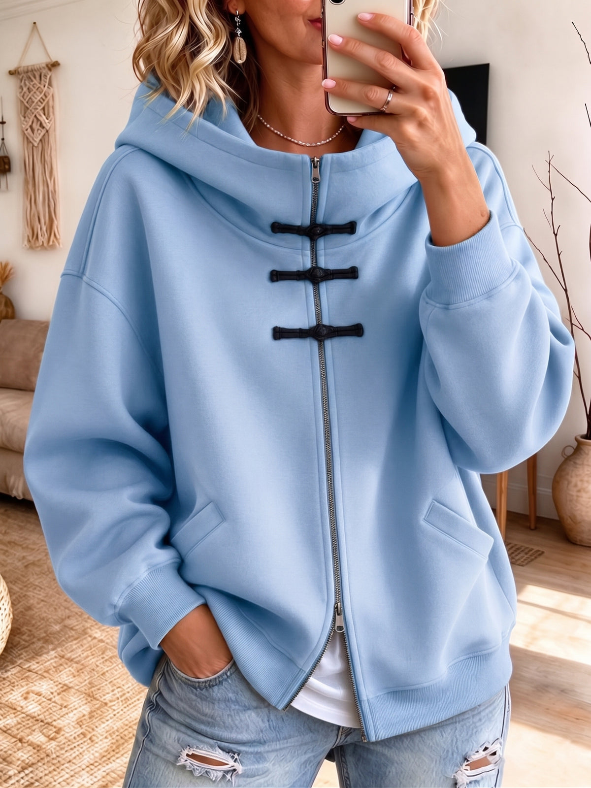 Cozy High Quality Full-Zip Frog-Button Hoodie Jacket