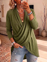 Cowl Neck Wrap Front Irregular Hem Long Sleeve Top