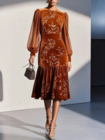 Elegant Floral Print Velvet Midi Dress