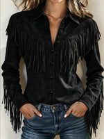 Women's Solid Color Lapel Long-sleeve Casual Loose Faux Suede Shirt With Tassels