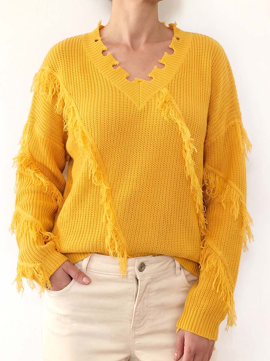 Women's Solid Color V-neck Long-sleeved Casual Loose Tassel Pullover Knit Sweater