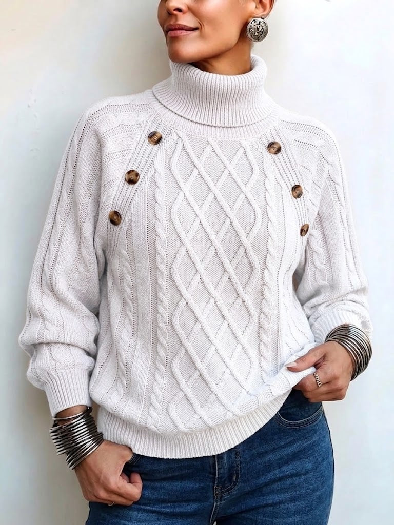 Casual Solid-color Cable-knit Turtleneck Pullover Sweater With Lantern Sleeves