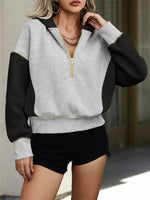 Chic Red and White Colorblock Quarter-Zip Hoodie