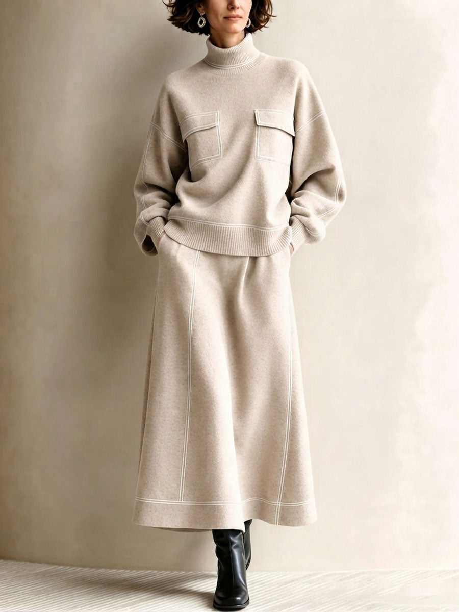 Chic Cozy Contrast Piping Knitted Two-piece Set