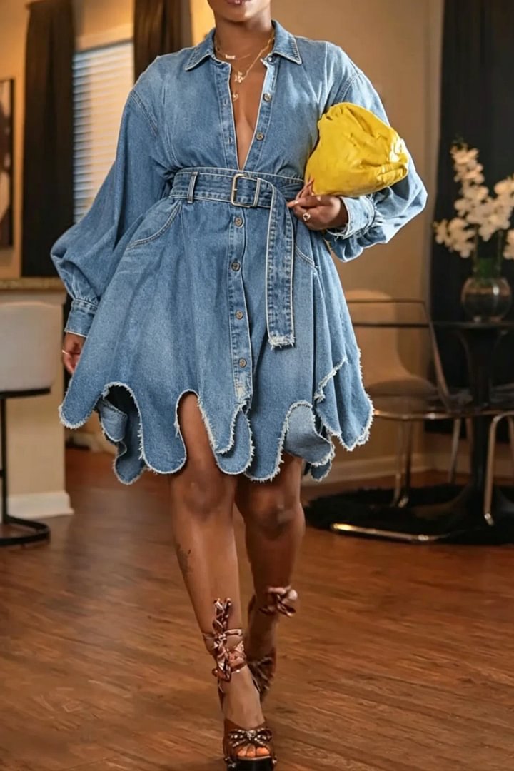 Chic Denim Shirt Dress With Raw-edge Scalloped Hem