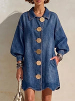 Knee-length Denim Dress Featuring A Lapel Collar, Large Gold Buttons, Lantern Sleeves, And A Wavy Hem