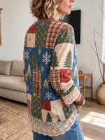 Women's Christmas Snowman Patchwork Top With Lace Trim