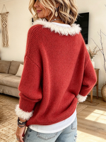 Casual Faux Fur Trim Knitted Sweater