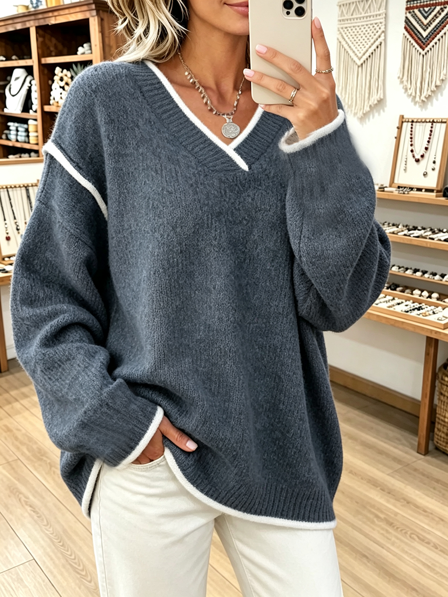 Chic Casual White Piping Trim Oversized V-neck Sweater