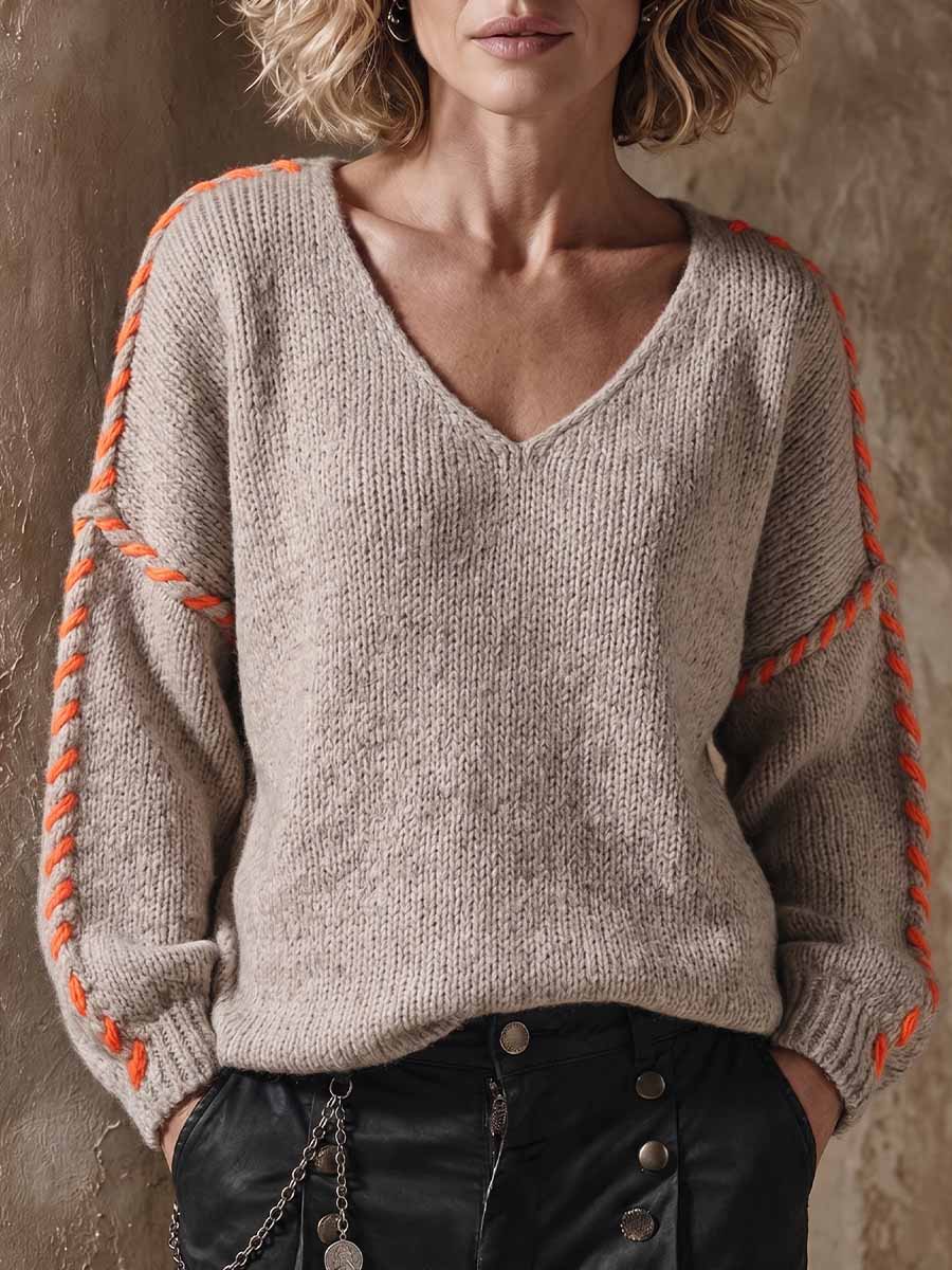 Women's V-neck Long-sleeved Casual Loose Neon Orange Hand-knitted Color-blocked Pullover Sweater