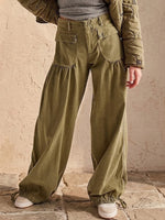 Pleated Mid-rise Loose Wide-leg Lotus-style Jeans