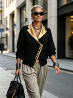 Chic Black Ribbed Knit Cardigan With Metallic Gold Lapels
