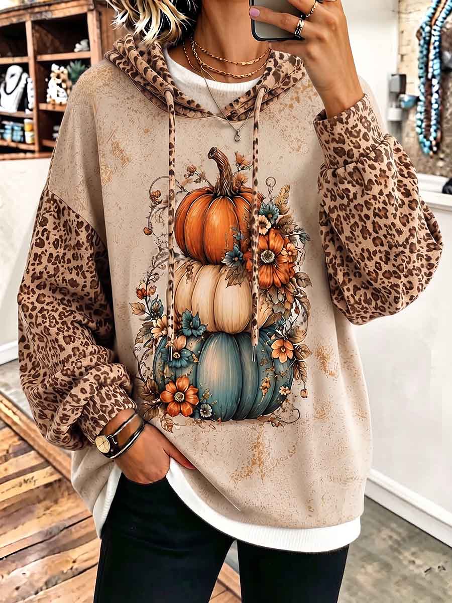 Women's Leopard Print Patchwork Long Sleeve Casual Loose Pullover Hooded Sweatshirt