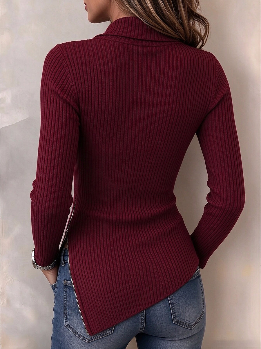 Chic Ribbed Half-Zip Asymmetric Hem Pullover