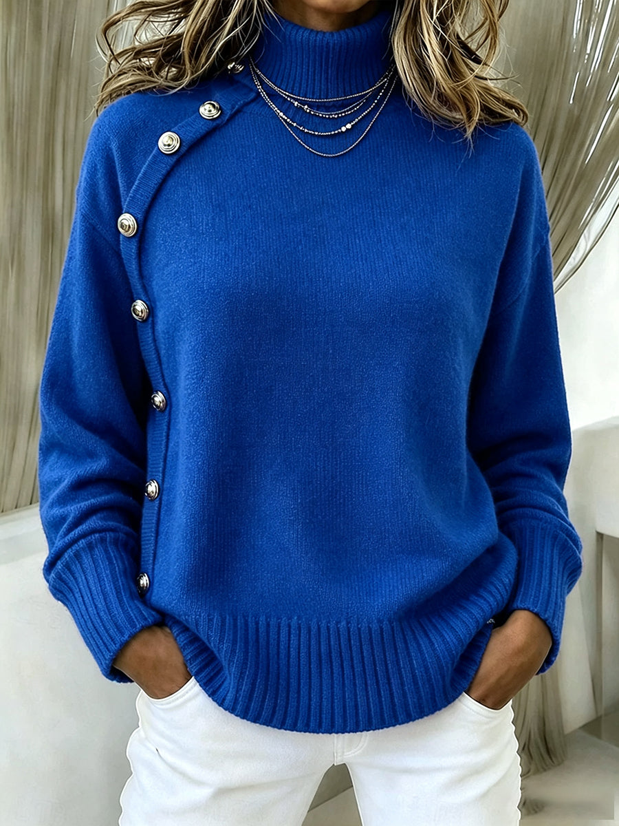Elegant Crimson Asymmetrical Button Turtleneck Sweater
