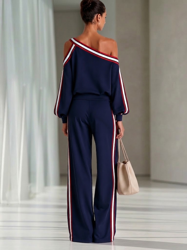 Stylish Casual Off-shoulder Striped-trim Sweatshirt And Pants Two-piece Set