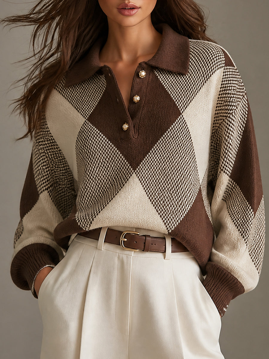 Chic Quilted-pattern Polo-collar Knit Top